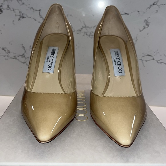 Jimmy Choo Romy patent nude 85mm pump size 38 1/2